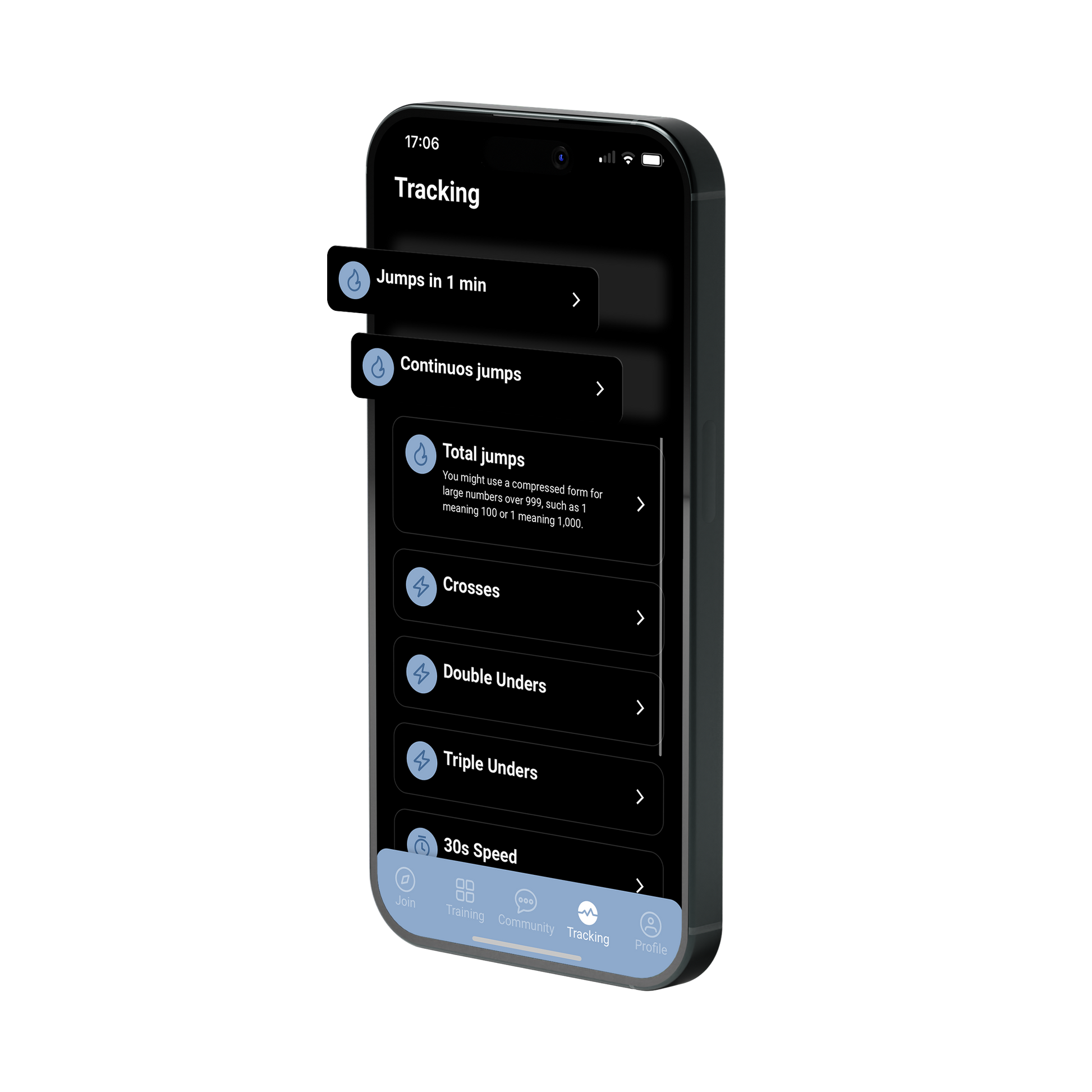 Track statistics like weight, jumps per minute, double unders, and more